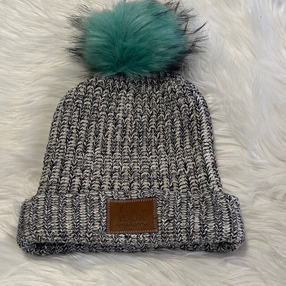 Love Your Melon black and white Beanie with Teal Pom-Pom - Picture 1 of 4